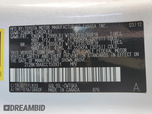 2012 Lexus RX 350 with VIN 2T2BK1BAXCC150931, listed as a Copart auction lot 58737585 with 90,461 mi miles and Salvage title. Bid and sale history available at DreamBid. Image 13.