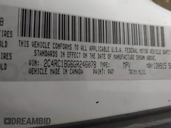 2016 Chrysler Town & Country Touring with VIN 2C4RC1BG6GR246078, listed as a IAAI auction lot 41887547 with 147,703 mi miles and . Bid and sale history available at carsss.com. Image 9.