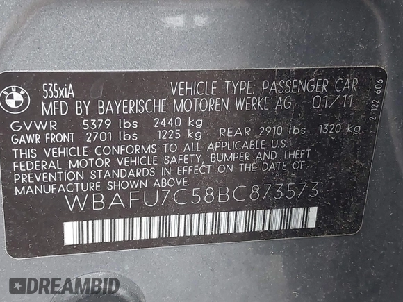 2011 BMW 5 Series 535i xDrive with VIN WBAFU7C58BC873573, listed as a IAAI auction lot 40422942 with 169,230 mi miles and . Bid and sale history available at DreamBid. Image 9.