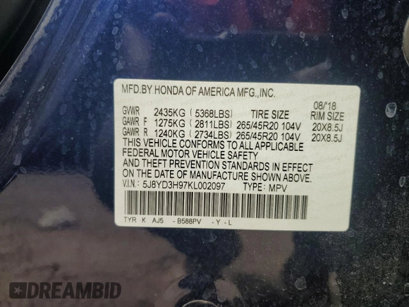 2019 Acura MDX Advance with VIN 5J8YD3H97KL002097, listed as a Copart auction lot 83845534 with Not Provided miles and Non Repairable. Bid and sale history available at DreamBid. Image 16.