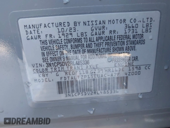 2024 Nissan Kicks SR with VIN 3N1CP5DV2RL485336, listed as a IAAI auction lot 41560942 with 15,528 mi miles and . Bid and sale history available at DreamBid. Image 9.
