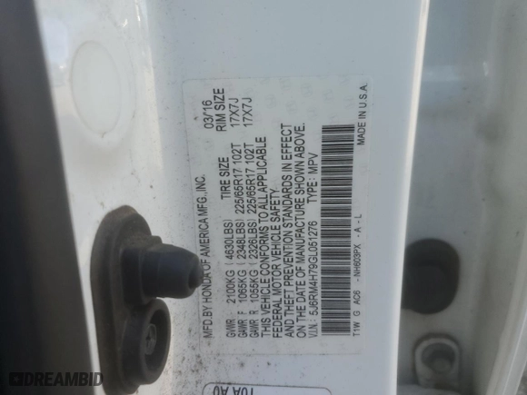 2016 Honda CR-V EX-L with VIN 5J6RM4H79GL051276, listed as a Copart auction lot 51551015 with 0 mi miles and Salvage Title. Bid and sale history available at carsss.com. Image 16.