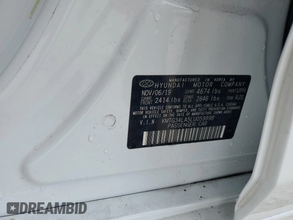 2020 Genesis G70 2.0T with VIN KMTG34LA5LU059898, listed as a Copart auction lot 46987825 with 38,166 mi miles and Salvage title. Bid and sale history available at DreamBid. Image 13.