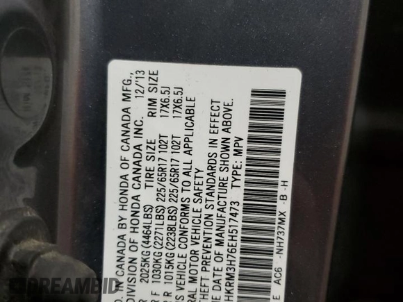 2014 Honda CR-V EX-L with VIN 2HKRM3H76EH517473, listed as a Copart auction lot 43416485 with 87,354 mi miles and Non Repairable. Bid and sale history available at DreamBid. Image 15.