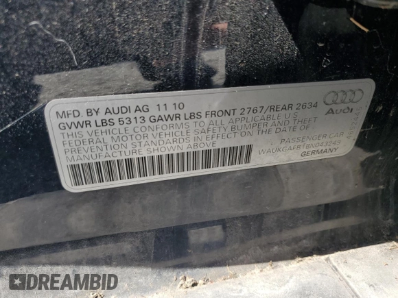 2011 Audi A6 Prestige with VIN WAUKGAFB1BN043249, listed as a Copart auction lot 53138405 with 133,230 mi miles and Salvage title. Bid and sale history available at DreamBid. Image 12.