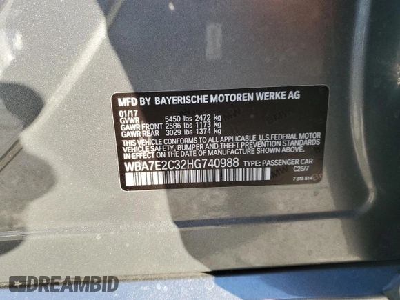 2017 BMW 7 Series 740i with VIN WBA7E2C32HG740988, listed as a Copart auction lot 49613465 with 63,646 mi miles and Salvage Title. Bid and sale history available at carsss.com. Image 14.