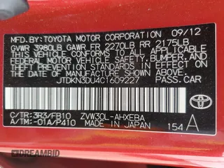 2012 Toyota Prius One with VIN JTDKN3DU4C1609227, listed as a Copart auction lot 53570365 with 162,626 mi miles and Salvage Title. Bid and sale history available at DreamBid. Image 12.