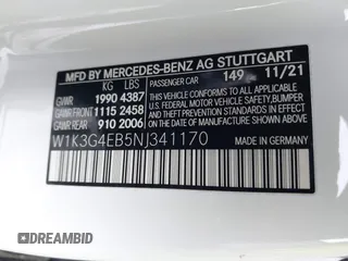 2022 Mercedes-Benz A 220 with VIN W1K3G4EB5NJ341170, listed as a IAAI auction lot 41598290 with 33,325 mi miles and . Bid and sale history available at DreamBid. Image 9.