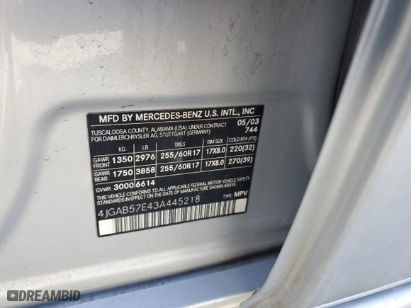 2003 Mercedes-Benz M-Class 3.7L with VIN 4JGAB57E43A445218, listed as a Copart auction lot 48009735 with 136,522 mi miles and Salvage Title. Bid and sale history available at carsss.com. Image 13.