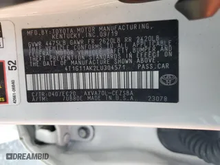 2020 Toyota Camry SE with VIN 4T1G11AK2LU304571, listed as a Copart auction lot 52742535 with 60,176 mi miles and Salvage Title. Bid and sale history available at carsss.com. Image 14.