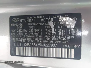 2016 Hyundai Tucson Limited with VIN KM8J33A25GU227907, listed as a IAAI auction lot 42211605 with 142,578 mi miles. Bid and sale history available at carsss.com. Image 9.