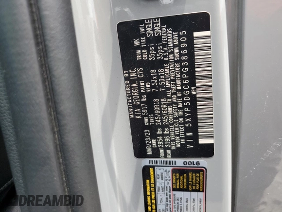 2023 Kia Telluride SX Prestige X-Pro z VIN 5XYP5DGC6PG386905, wystawiony jako Copart lot #55632725 z przebiegiem 35 982 mil mil oraz Nie do naprawy • Non repairable. Historia ofert i sprzedaży dostępna na DreamBid. Obrazek 13.