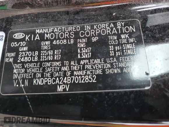 2011 Kia Sportage LX with VIN KNDPBCA24B7012852, listed as a Copart auction lot 63837085 with 186,805 mi miles and Salvage title. Bid and sale history available at DreamBid. Image 13.