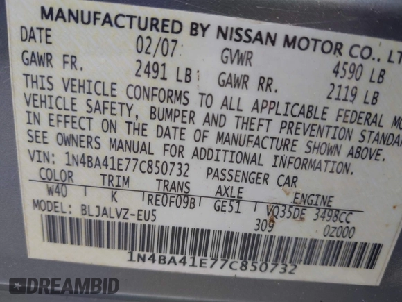 2007 Nissan Maxima SL with VIN 1N4BA41E77C850732, listed as a IAAI auction lot 42636386 with 128,565 mi miles and . Bid and sale history available at DreamBid. Image 9.