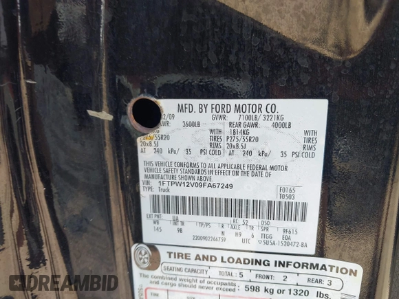 2009 Ford F-150 XL с VIN 1FTPW12V09FA67249, выставлен на аукционе IAAI как лот 42207010 с пробегом 234 895 миль миль и . История ставок и продаж доступна на DreamBid. Изображение 9.