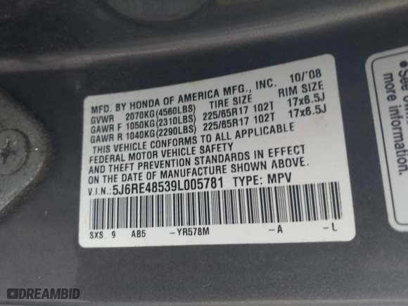 2009 Honda CR-V EX with VIN 5J6RE48539L005781, listed as a IAAI auction lot 41165126 with 1 mi miles. Bid and sale history available at carsss.com. Image 9.