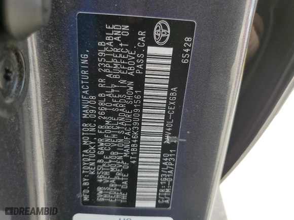 2009 Toyota Camry Hybrid with VIN 4T1BB46K39U091561, listed as a Copart auction lot 54214245 with 184,406 mi miles and Clean Title. Bid and sale history available at carsss.com. Image 12.