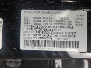 2021 Honda CR-V EX-L with VIN 5J6RW2H81MA000708, listed as a Copart auction lot 55625265 with 30,505 mi miles and Salvage Title. Bid and sale history available at DreamBid. Image 13.