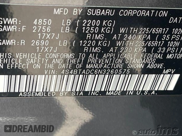 2022 Subaru Outback Premium with VIN 4S4BTADC6N3260575, listed as a IAAI auction lot 42845496 with 33,680 mi miles and . Bid and sale history available at DreamBid. Image 13.
