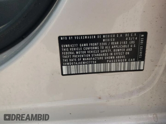 2014 Volkswagen Jetta SE with VIN 3VWD07AJ4EM427734, listed as a Copart auction lot 55093165 with 117,260 mi miles and Salvage title. Bid and sale history available at DreamBid. Image 12.