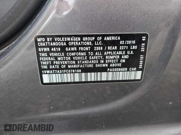 2015 Volkswagen Passat Limited Edition Edition with VIN 1VWAT7A31FC076196, listed as a Copart auction lot 56224525 with 99,380 mi miles and Salvage title. Bid and sale history available at DreamBid. Image 12.