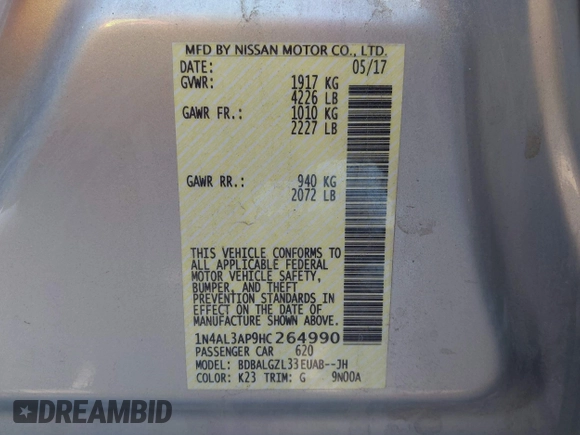 2017 Nissan Altima S with VIN 1N4AL3AP9HC264990, listed as a IAAI auction lot 42008314 with 93,814 mi miles and . Bid and sale history available at DreamBid. Image 9.