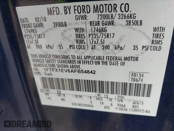 2010 Ford F-150 XL with VIN 1FTFX1EV6AFB54842, listed as a IAAI auction lot 42441003 with 183,415 mi miles and . Bid and sale history available at DreamBid. Image 9.