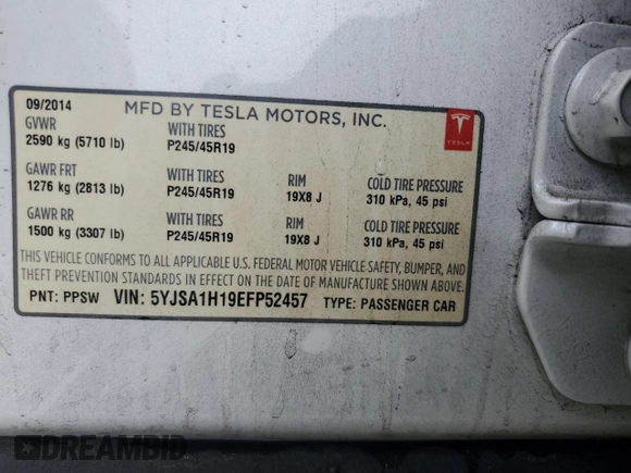 2014 Tesla Model S 60 с VIN 5YJSA1H19EFP52457, выставлен на аукционе Copart как лот 59589905 с пробегом 167 662 миль миль и Списание • Salvage title. История ставок и продаж доступна на DreamBid. Изображение 13.
