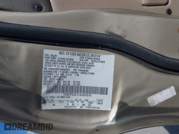 2001 Ford Taurus SE with VIN 1FAFP53211A269576, listed as a IAAI auction lot 42606231 with 176,240 mi miles and . Bid and sale history available at DreamBid. Image 9.