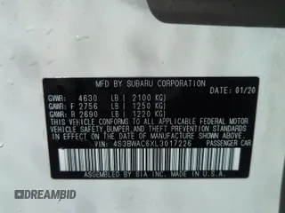 2020 Subaru Legacy Premium z VIN 4S3BWAC6XL3017226, wystawiony jako Copart lot #50627745 z przebiegiem 57 611 mil mil oraz Szkody całkowita. Historia ofert i sprzedaży dostępna na DreamBid. Obrazek 12.