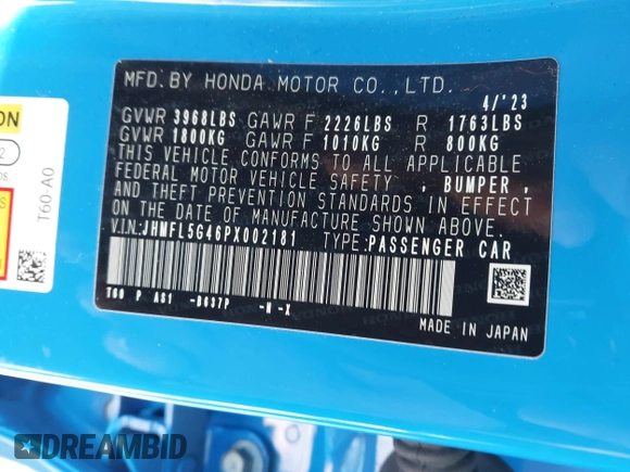 2023 Honda Civic Type R z VIN JHMFL5G46PX002181, wystawiony jako IAAI lot #41394464 z przebiegiem 15 543 mil mil oraz . Historia ofert i sprzedaży dostępna na DreamBid. Obrazek 9.