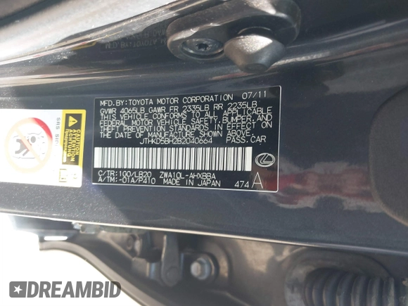2011 Lexus CT 200h with VIN JTHKD5BH2B2040664, listed as a IAAI auction lot 40053641 with 55,119 mi miles and . Bid and sale history available at DreamBid. Image 9.