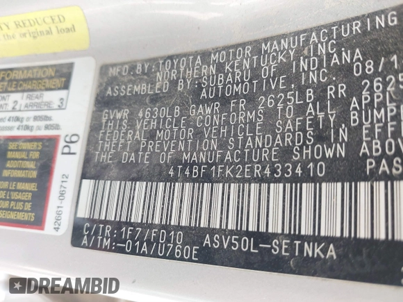 2014 Toyota Camry L with VIN 4T4BF1FK2ER433410, listed as a IAAI auction lot 41827639 with 191,842 mi miles. Bid and sale history available at carsss.com. Image 9.
