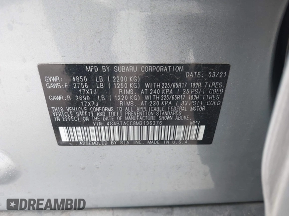 2021 Subaru Outback Premium z VIN 4S4BTACC8M3196376, wystawiony jako IAAI lot #42199081 z przebiegiem 81 115 mil mil oraz . Historia ofert i sprzedaży dostępna na DreamBid. Obrazek 9.