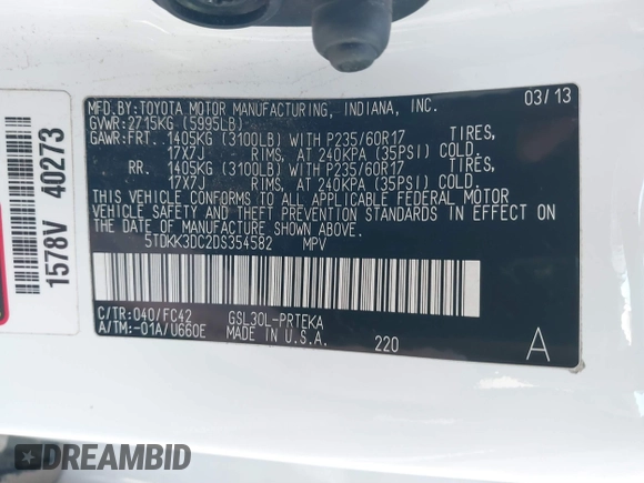 2013 Toyota Sienna LE AAS with VIN 5TDKK3DC2DS354582, listed as a IAAI auction lot 41360766 with 169,978 mi miles. Bid and sale history available at carsss.com. Image 9.