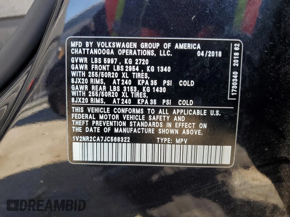 2018 Volkswagen Atlas SEL Premium z VIN 1V2NR2CA7JC568322, wystawiony jako Copart lot #58183355 z przebiegiem 99 832 mil mil oraz Szkoda całkowita • Salvage title. Historia ofert i sprzedaży dostępna na DreamBid. Obrazek 14.