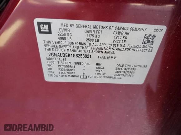 2016 Chevrolet Equinox LTZ с VIN 2GNALDEK1G6253821, выставлен на аукционе Copart как лот 57642825 с пробегом Не указан миль и Списание • Salvage title. История ставок и продаж доступна на DreamBid. Изображение 13.