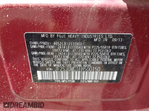 2014 Subaru Forester XT Touring with VIN JF2SJGMC1EH500150, listed as a IAAI auction lot 42201409 with 106,728 mi miles and . Bid and sale history available at DreamBid. Image 9.
