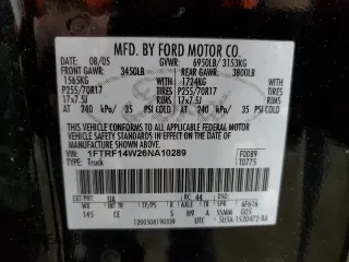 2006 Ford F-150 XL с VIN 1FTRF14W26NA10289, выставлен на аукционе Copart как лот 56839955 с пробегом 93 518 миль миль и Списание • Salvage title. История ставок и продаж доступна на DreamBid. Изображение 12.