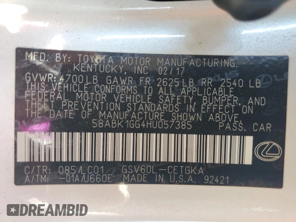 2017 Lexus ES 350 with VIN 58ABK1GG4HU057385, listed as a Copart auction lot 62666495 with 52,271 mi miles and Salvage title. Bid and sale history available at DreamBid. Image 13.