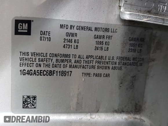 2011 Buick LaCrosse CX with VIN 1G4GA5EC6BF118917, listed as a Copart auction lot 61880053 with 0 mi miles and Salvage Title. Bid and sale history available at carsss.com. Image 14.