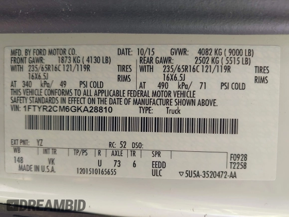 2016 Ford Transit Cargo with VIN 1FTYR2CM6GKA28810, listed as a IAAI auction lot 42488637 with Not provided miles and . Bid and sale history available at DreamBid. Image 9.