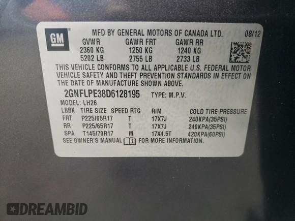 2013 Chevrolet Equinox LT with VIN 2GNFLPE38D6128195, listed as a Copart auction lot 84413934 with 115,276 mi miles and Salvage Title. Bid and sale history available at DreamBid. Image 13.