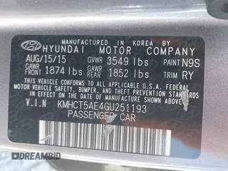 2016 Hyundai Accent SE with VIN KMHCT5AE4GU251193, listed as a IAAI auction lot 42087776 with 188,309 mi miles. Bid and sale history available at carsss.com. Image 9.