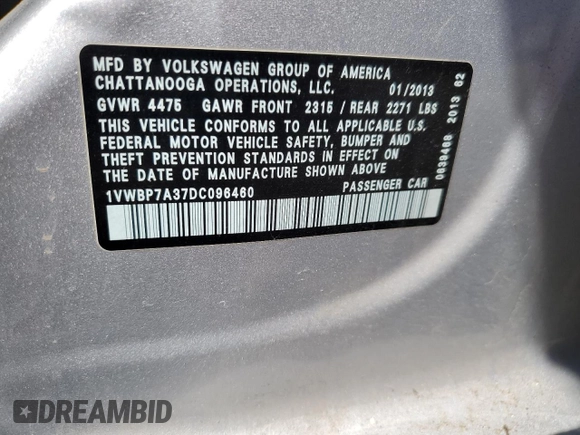 2013 Volkswagen Passat SE with VIN 1VWBP7A37DC096460, listed as a Copart auction lot 66042045 with 263,888 mi miles and Clean title. Bid and sale history available at DreamBid. Image 12.