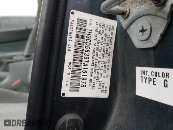 1996 Honda Accord LX with VIN 1HGCD5639TA161978, listed as a Copart auction lot 42516615 with 95,238 mi miles and Salvage Title. Bid and sale history available at DreamBid. Image 12.