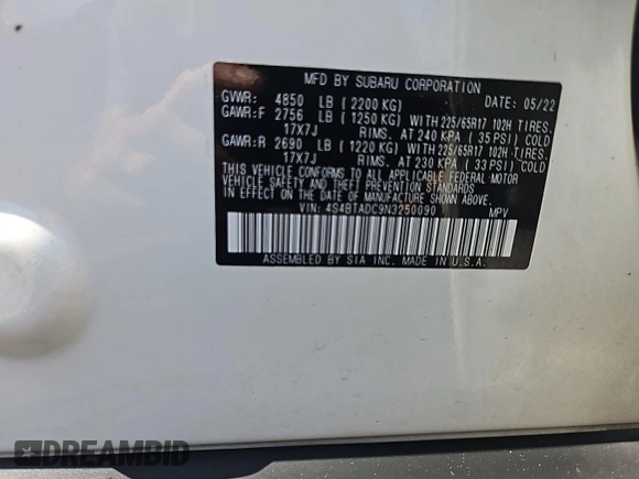 2022 Subaru Outback Premium z VIN 4S4BTADC9N3250090, wystawiony jako IAAI lot #42580767 z przebiegiem 93 354 mil mil oraz . Historia ofert i sprzedaży dostępna na DreamBid. Obrazek 7.