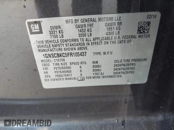 2015 Chevrolet Tahoe LT with VIN 1GNSCBKC5FR105437, listed as a IAAI auction lot 42052084 with 348,093 mi miles and . Bid and sale history available at DreamBid. Image 9.