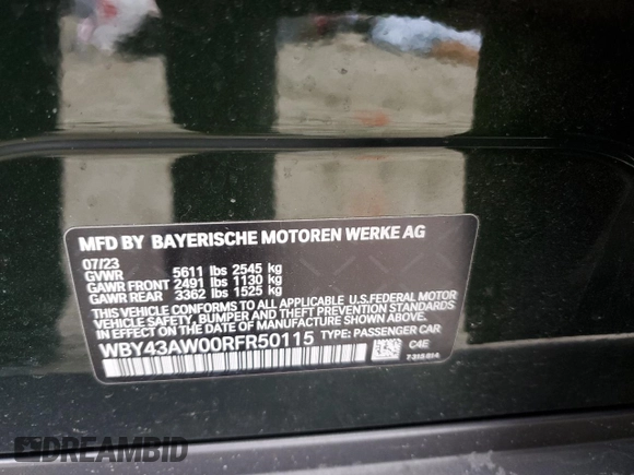 2024 BMW i4 eDrive35 z VIN WBY43AW00RFR50115, wystawiony jako Copart lot #47269035 z przebiegiem 6 372 mil mil oraz Szkoda całkowita • Salvage title. Historia ofert i sprzedaży dostępna na DreamBid. Obrazek 14.