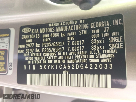 2013 Kia Sorento LX with VIN 5XYKTCA62DG422033, listed as a IAAI auction lot 42420920 with 88,708 mi miles and . Bid and sale history available at DreamBid. Image 9.